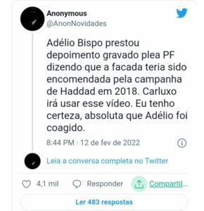 Urgente: segundo Anonymous, em novo depoimento Adélio Bispo fala abertamente sobre facada em Bolsonaro e diz que PT o contratou