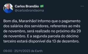 Brandão anuncia pagamento de servidores para 29 de novembro e 13º terceiro no dia 13 de dezembro